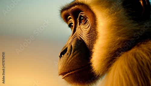 Canvastavla A close-up of a primates visage when the sun sinks in the sky