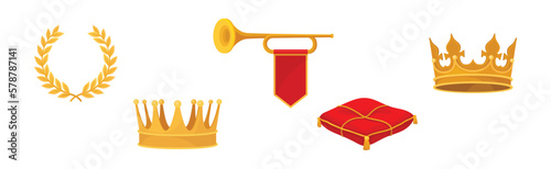 Monarchy and Royalty Symbol with Golden Crown, Laurel Wreath, Trumpet and Pillow Vector Set