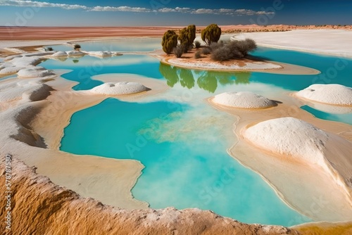 Near the Egyptian oasis of Siwa, there is a salt lake with azure water and white salt on its shores. Generative AI