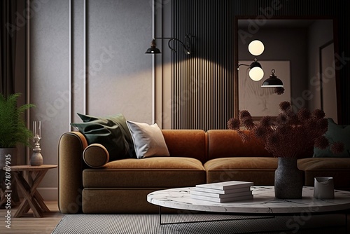 Living Room Design with Ambient Light and Comfortable Sofa - High Definition Render