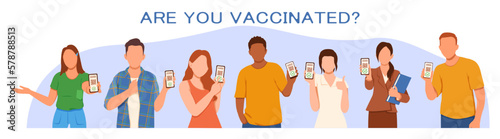 Vaccinated people with digital vaccination passport. Characters show certificate with qr code on mobile phone app. Group of young people vaccinated. Vector illustration in flat style