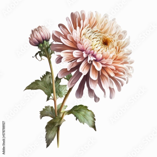 Light pink chrysanthemum flower isolated on white background. Watercolor illustration of a single beautiful pink flower. Generative AI art. photo