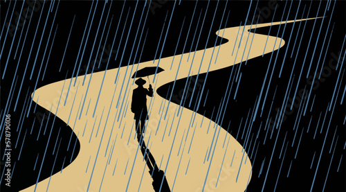 A man with an umbrella walks in the rain on a winding road at night in the rain in this vector illustration.