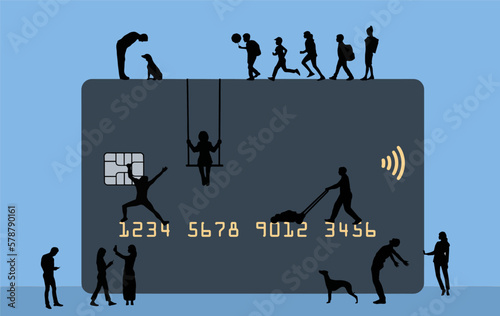 Silhouettes of all types of people are seen on and around a huge credit card in a vector image about credit cards in daily life.