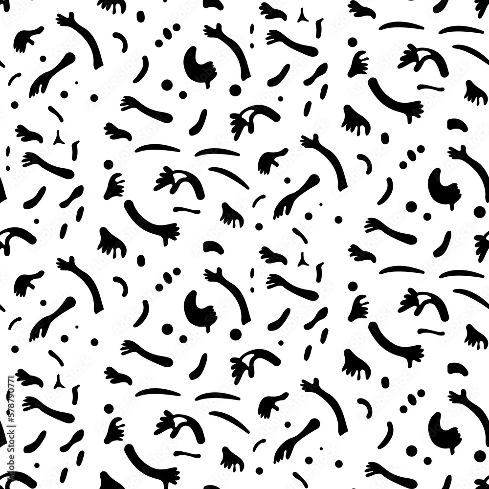 This abstract illustration is a pattern made up of whimsical, cartoonish hands. The hands come in a variety of shapes, sizes, creating a playful and vibrant scene. Some hands are making ge This abstract illustration is a pattern made up of whimsical, cartoonish hands. The hands come in a variety of shapes, sizes, creating a playful and vibrant scene. Some hands are making ge