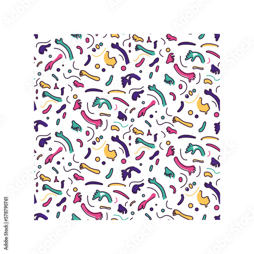 This abstract illustration is a pattern made up of whimsical, cartoonish hands. The hands come in a variety of shapes, sizes, and colors, creating a playful and vibrant scene. Some hands are making ge