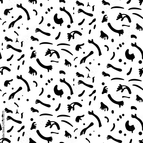 This abstract illustration is a pattern made up of whimsical, cartoonish hands. The hands come in a variety of shapes, sizes, creating a playful and vibrant scene. Some hands are making ge