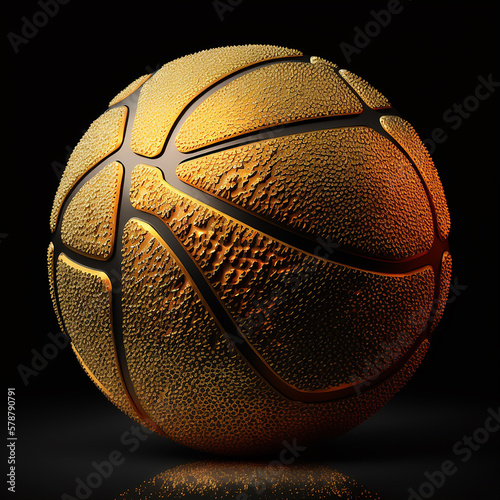 Golden basketball ball isolated on black background close-up, basketball covered with gold, lovely sports background, fancy wallpaper photo