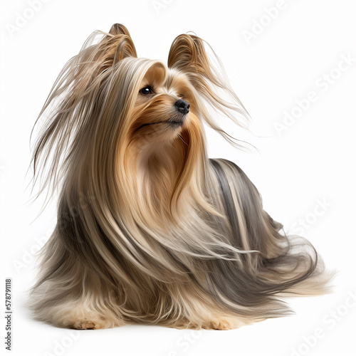 Dog breed yorkshire terrier with very long beautiful coat isolated on white close-up, yorkie gorgeous domestic pet, friend 