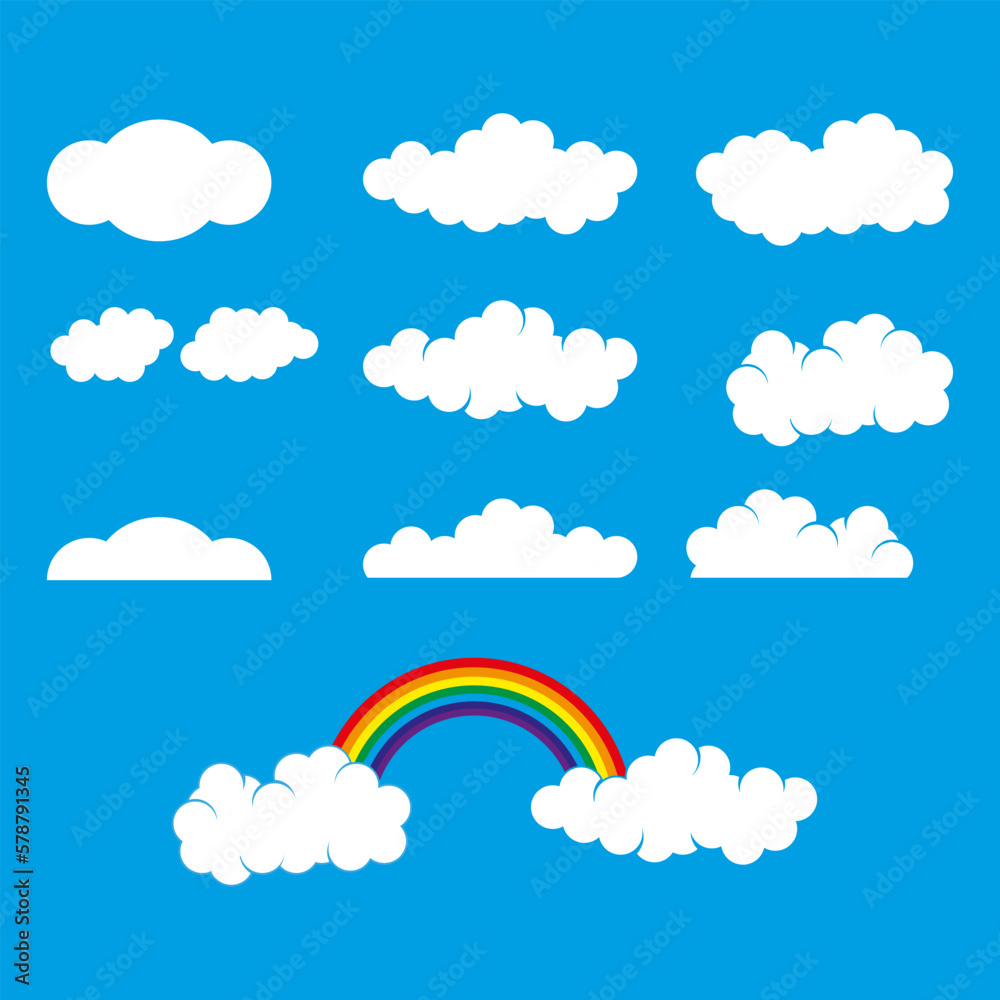 conjunto de nuvens com céu azul e nuvem com arco-íris