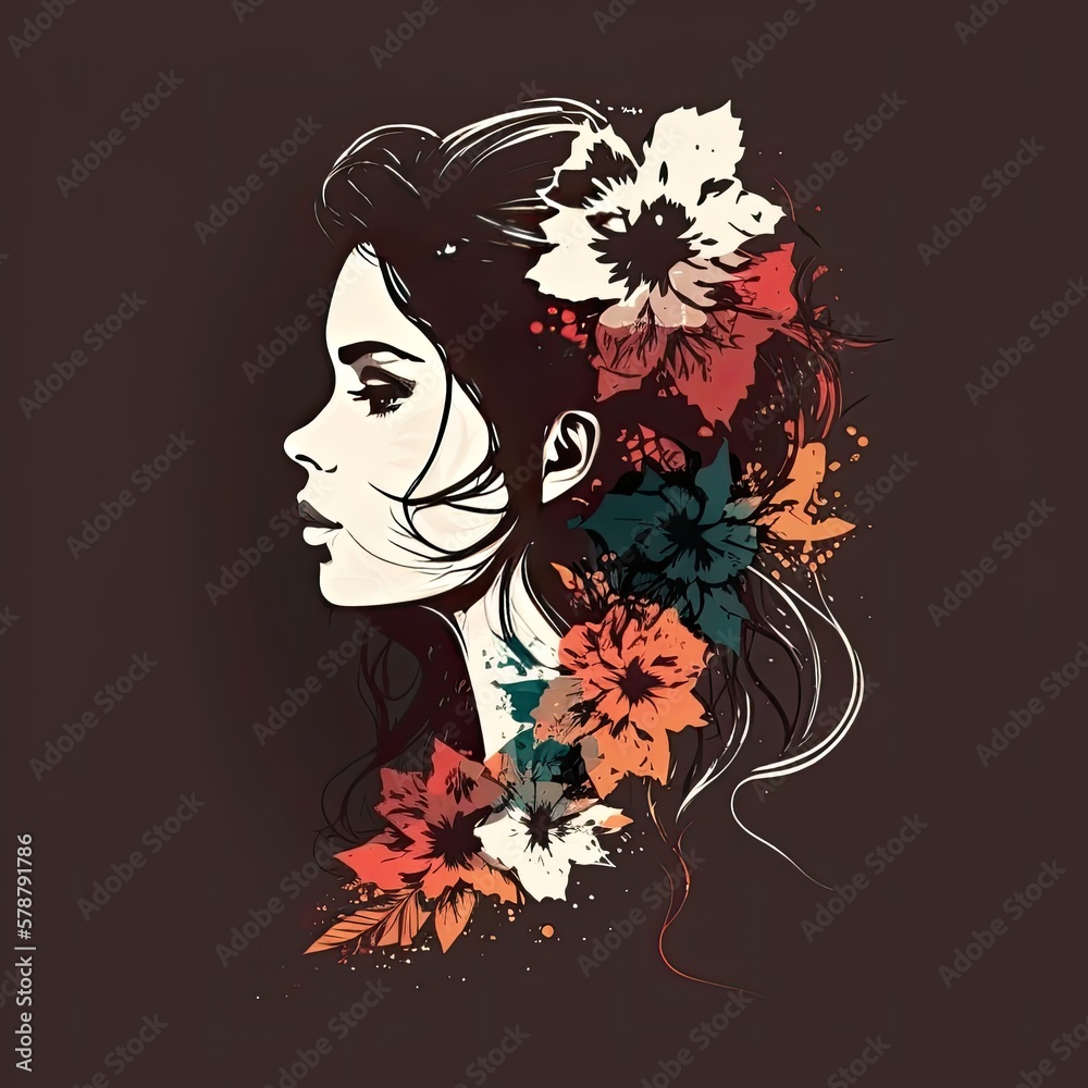 Beautiful female profile. Pretty woman with a cute hairstyle with flowers on dark background. Generative AI Beautiful female profile. Pretty woman with a cute hairstyle with flowers on dark background. Generative AI