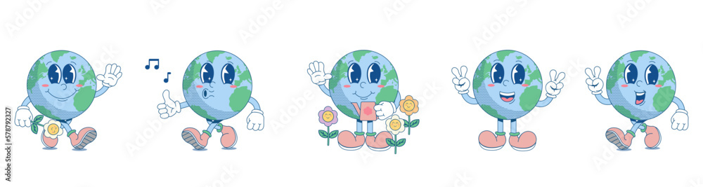 Naklejka premium An illustration for Earth Day in a trendy retro cartoon style. Funny vector illustrations of planet Earth. Set illustrations for World Environment Day. Eco-green concept.