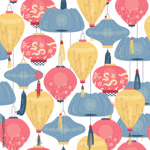 Chinese paper lanterns seamless vector pattern.