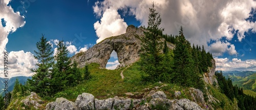 Rocky window, Ohniste, Low Tatras mountains, mountain landscape with big rock Slovak republic. Hiking theme. Seasonal natural scene. photo