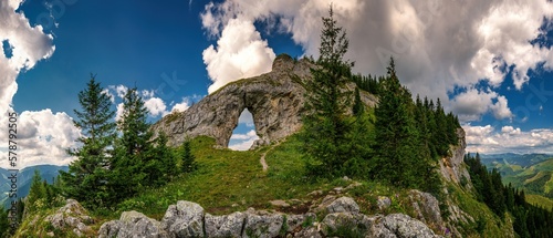Fototapeta Naklejka Na Ścianę i Meble -  Rocky window, Ohniste, Low Tatras mountains, mountain landscape with big rock Slovak republic. Hiking theme. Seasonal natural scene.