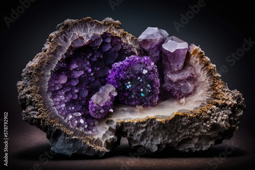 Purple amethyst geode set on a dark background. A treasure of stunning natural crystals. Photographic technique using an extremely close distance; a macro photo. Generative AI