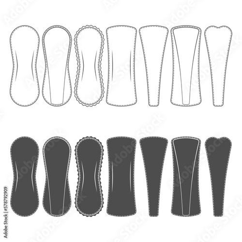Set of black and white illustrations with panty liners. Isolated vector objects on a white background.