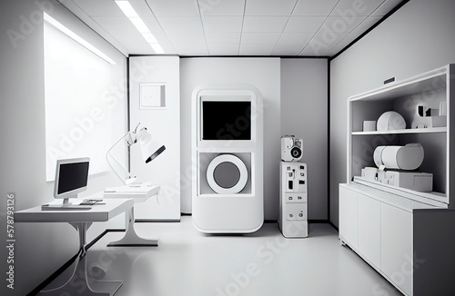 Generative AI illustration of futuristic and minimalist doctor's office all in white