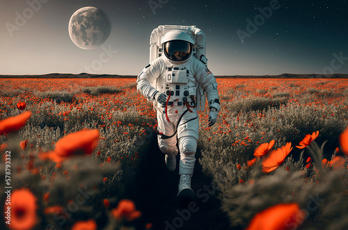 Generative AI illustration of astronaut in the field with red flowers photo