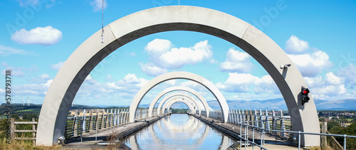 View from the top of  the Falkirk Wheel in Scotland under a blue sky during daytime