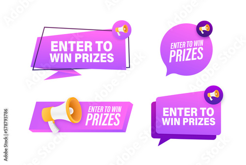 Megaphone label set with text Enter to win prizes. Megaphone in hand promotion banner. Marketing and advertising