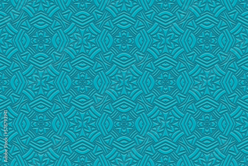 Embossed blue background, cover design. Geometric art 3D pattern, press paper, leather. Boho, handmade ethnic themes. Traditions of the East, Asia, India, Mexico, Aztecs, Peru.