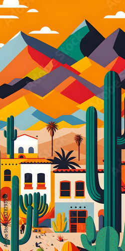 Mexico landscape, flat design illustration, mexican summer, Generative AI