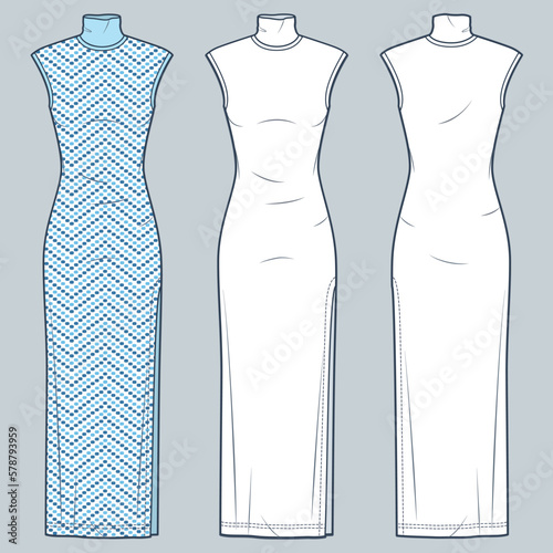 Maxi Dress technical fashion illustration. Jersey sleeveless Dress fashion flat technical drawing template, slim fit, roll neck, front and back view, side slit, white, blue pattern, women CAD mockup.