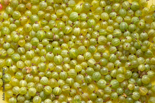 Background of green gooseberries on a yelloow background