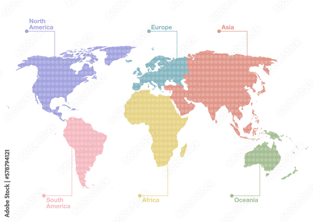 世界地図のイラスト: ドット柄の六大州