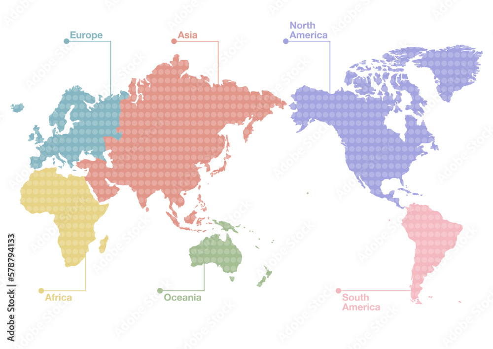 世界地図（日本中心）のイラスト: ドット柄の六大州