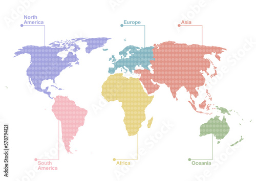 世界地図のイラスト: ドット柄の六大州