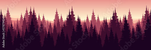 sunset landscape panorama with forest silhouette vector illustration good for web banner, ads banner, tourism banner, wallpaper, background template, and adventure design backdrop	