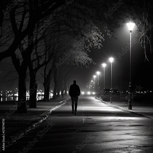 Photographie Solitary Journey: A Man's Walk on a Dark and Desolate Road at Night