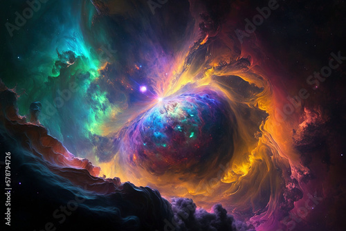Galactic nebula in space, brightly colored clouds, dramatic space background. Ai generated.