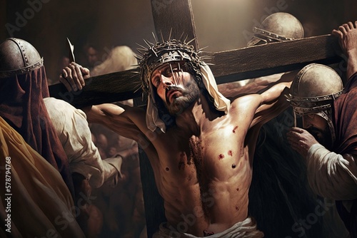 Photographie Illustration of the Passion of Christ, carrying the cross and suffering for his sins, religious image for Holy Week