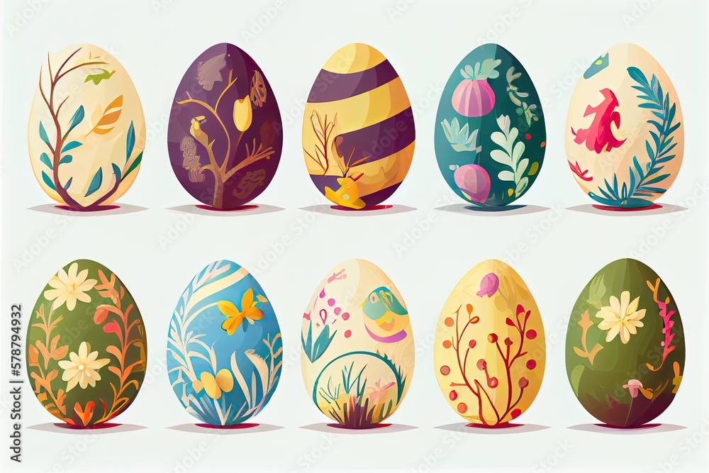 A set of flat easter eggs for children's books. Generative AI.