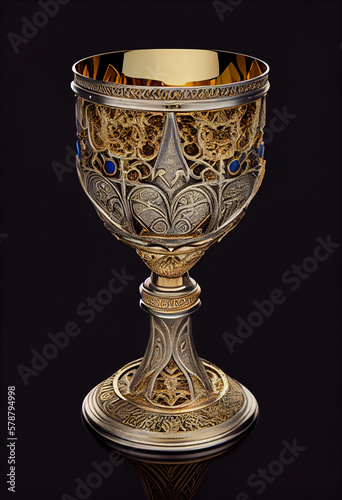 The Golden and silver Holy Grail on black background. Created with Generative AI technology.