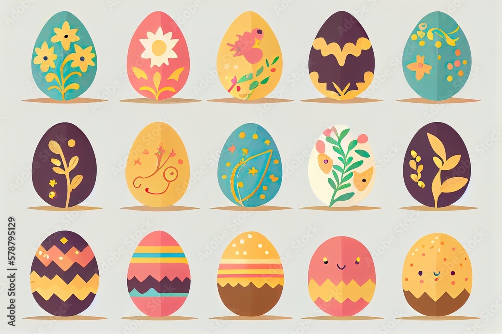 A set of flat easter eggs for children's books. Generative AI. A set of flat easter eggs for children's books. Generative AI.