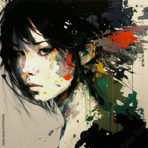 abstract painting with splashes and an Asian person, created with generative AI