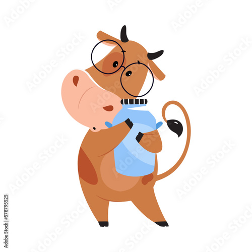 Cute happy brown cow in glasses hugging milk can. Lovely farm animal character cartoon vector illustration