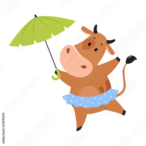 Cute happy brown cow in short skirt walking with umbrella. Lovely farm animal character cartoon vector illustration