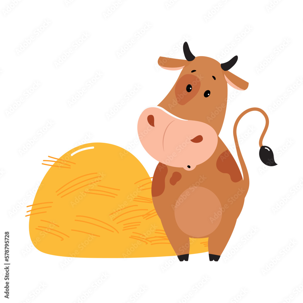 Fototapeta premium Cute happy brown cow and haystack. Lovely farm animal character standing on hind paws cartoon vector illustration