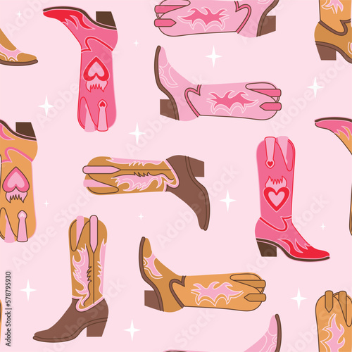 Retro seamless pattern with different Cowgirl boots. Various bright color boots. Wild West fashion style vector for invitation, wrapping paper, packaging etc. photo