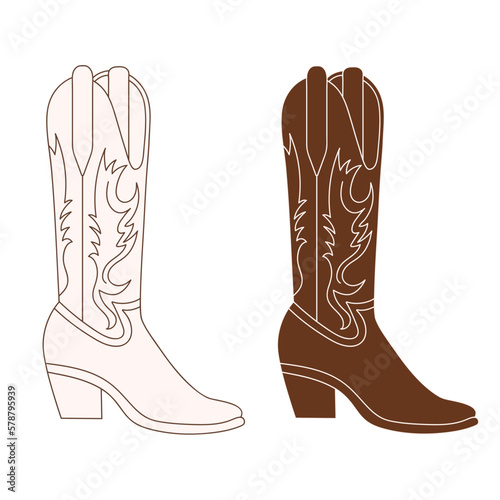 Retro Cowgirl boots with ornament. Cowboy western and wild west theme. Vector isolated white and black design for postcard, t-shirt, sticker etc.
