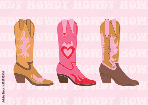 Retro colourful Cowgirl boots. Howdy quotes. Cowboy western and wild west theme. Hand drawn vector postcard.