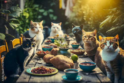 Many yard cats gathered at the morning summer tables in the garden for breakfast, lunch, dinner. Generative AI photo