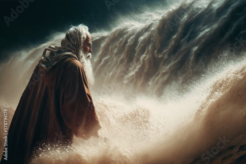 Moses in Awe by the Epic Parting of the Red Sea, AI Generative