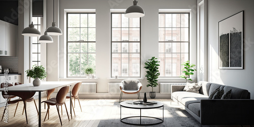 Illustration of modern light apartment with big windows created with Generative AI technology © VertigoAI