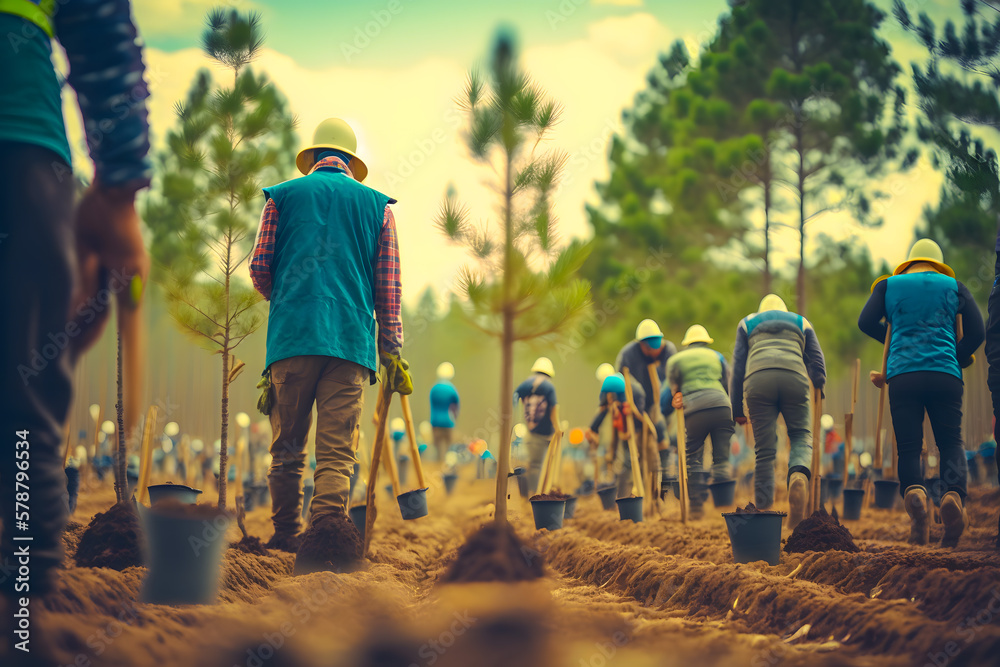 Rear view of a tree planter a man walks along the future tree planting